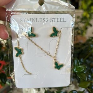 Green Butterfly Gold Tone Stainless Steel Jewelry Set